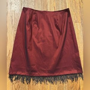 Vintage Y2K Satin Burgundy Statement Party Skirt with Beaded Flapper Fringe